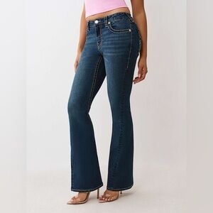 True Religion Joey Mid Rise Flare Jeans Women’s 26 steamy wash Big T Flap